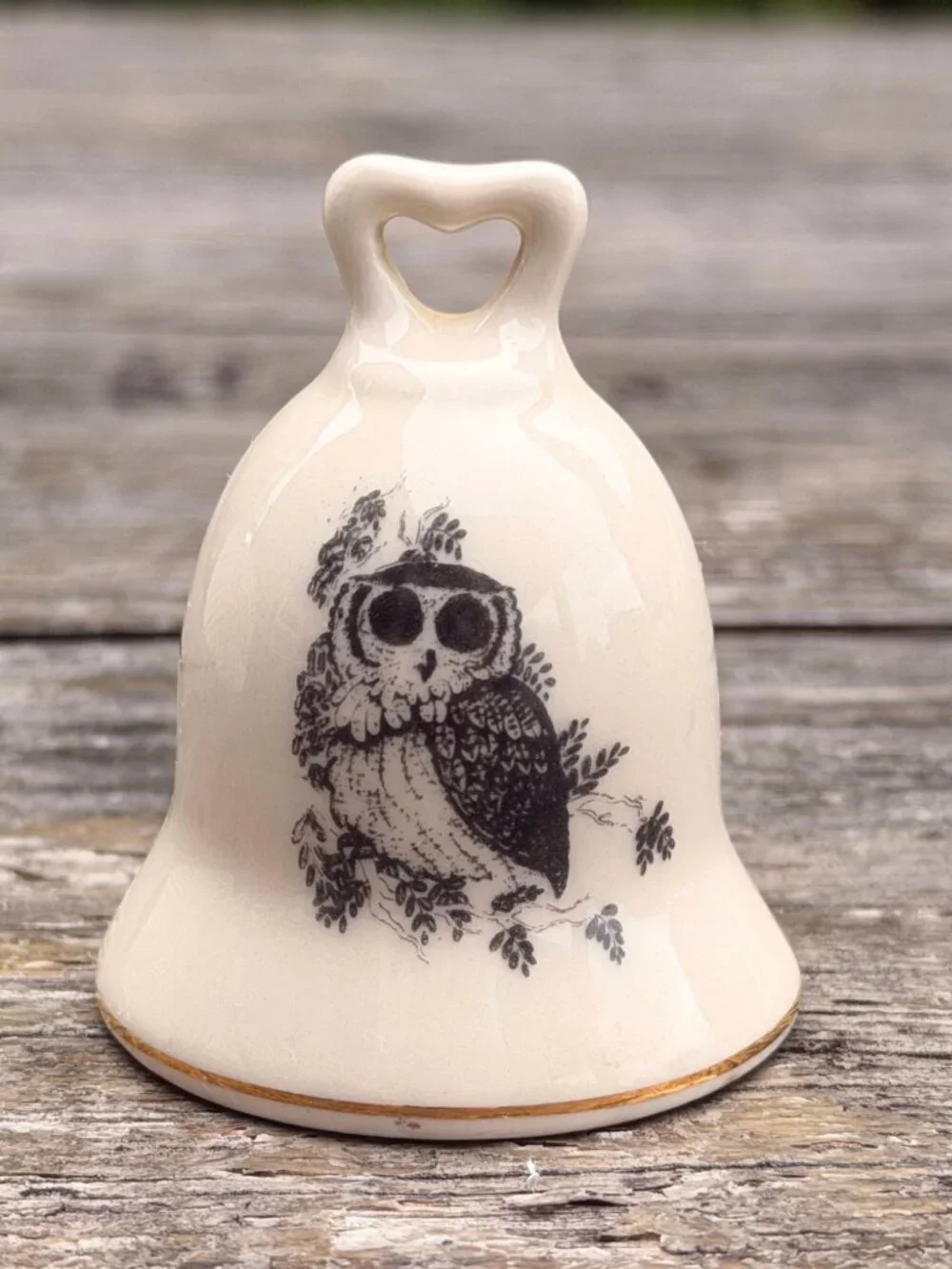 Vintage Owl Bell Small World Greetings Japan Gold Trim and Heart
